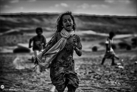 Bedouin children in Wahiba Sands, Al Sharqiya, black and white, Oman
